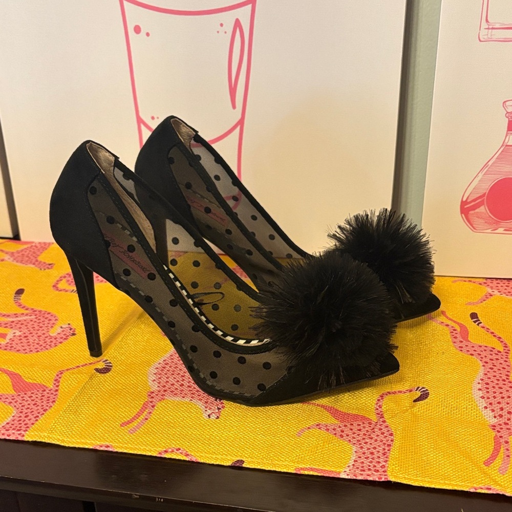 Betsey Johnson Black Mesh Polka Dot Pom-Pom High Heels